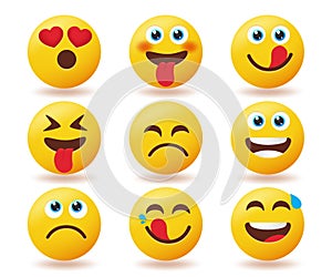 Smileys emoticon vector set. Emojis smiley icon in happy, funny and yummy face expressions isolated in white background for emoji