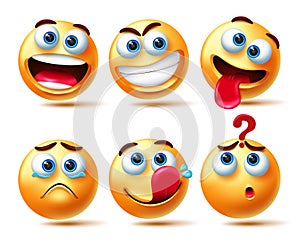 Smileys emoticon vector set. Emoticons 3d smiley characters in happy, smirk, teary eyed and confuse expression for emoticons.