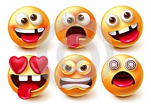 Smileys emoticon vector set. Smiley 3d emoji characters with expressions and emotions like in love, crazy, funny and angry.