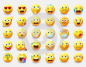 Smileys emoticon vector set. Smiley emoji characters with pose and emotions like happy, in love, eating and thinking in yellow.