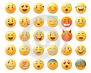 Smileys emoticon vector set. Smiley yellow emoji with happy, in love, sad and angry facial expressions and emotions for iconn.