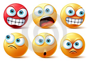Smileys emoticons face vector set. Smiley yellow icon and emoticon faces with angry red, surprise, cute, crazy and funny.