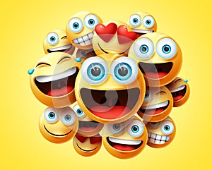 Smileys emoticons group vector design. Smileys emoticon cute faces group in excited, laughing, funny, happy and naughty feelings.