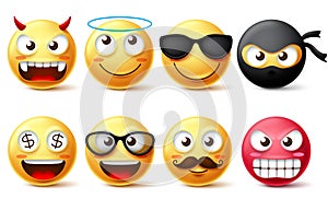 Smileys and emoticons vector character set. Smiley face yellow emoji like demon, angel, ninja, bearded face and wearing sunglasses photo