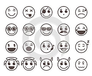 Smileys faces flat line vector icons set with funny facial expressions