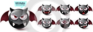 Smileys halloween emoji vector set. Smiley emojis creepy bat character collection