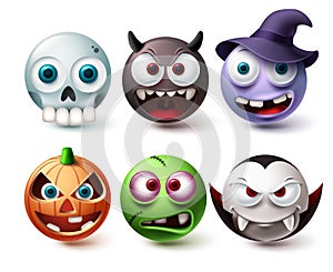 Smileys halloween emoji vector set. Smiley emojis horror character mascot collection