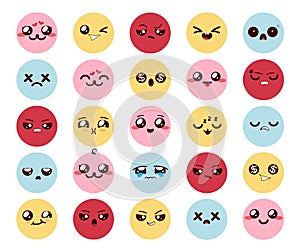 Smileys kawaii character vector set. Emoticon cute cartoon emojis with colorful faces and expression of happy, sad and angry.