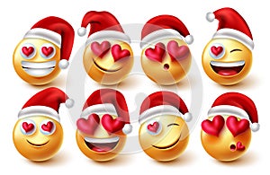 Smileys in love santa vector set. Emoji christmas characters with inlove facial expressions isolated in white background for love.