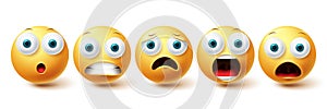 Smileys shocked face vector set. Smiley and emoticon shock, scared and sad collection