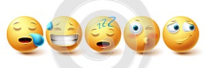Smileys sleepy face vector set. Smiley yellow emoji with happy, blushing, snoring and sleeping collection photo