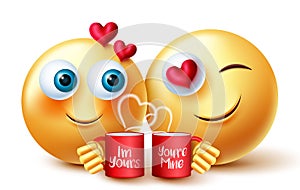 Smileys valentines lover vector design. Smiley 3d emoji inlove character holding coffee mug with romantic feelings expression.