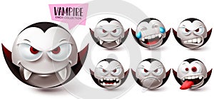 Smileys vampire emoji vector set. Smiley emojis halloween mascot character icon collection photo