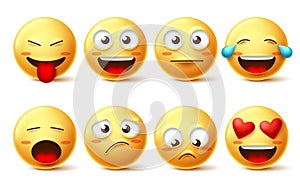 Smileys vector icon set. Emoticons and funny smiley face with happy, sad, inlove and naughty facial expressions