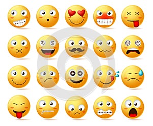 Smileys vector icon set. Smiley face or yellow emoticons with facial expressions and emotions
