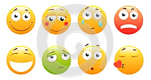 Smileys vector set. Smiley face or yellow emoticons with facial expressions and emotions like happy, shouting, confused