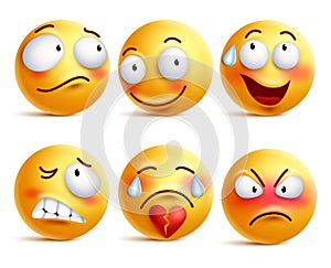 Smileys vector set. Smiley face or yellow emoticons with facial expressions photo