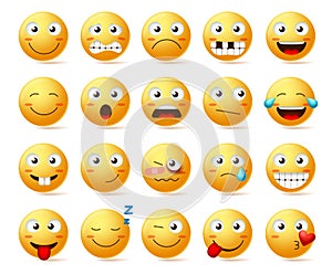 Smileys vector set. Smiley face or yellow emoticons with various facial expressions and emotions photo