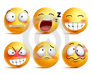 Smileys vector set. Yellow smiley face or emoticons with facial expressions photo