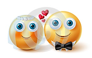 Smileys wedding couple vector design. 3d emoji bride and groom lovers concept in inlove yellow faces characters for married.