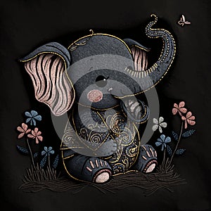 Smililng cartoon elefant. Embroidery textured colorful little elefant with flowers. Tapestry embroidered happy elefant. Vector