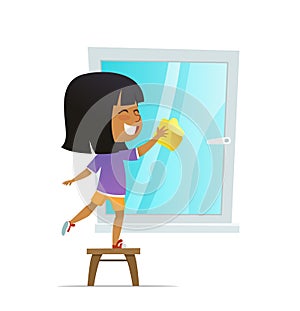 Smilind girl washing window, Concept of Montessori engaging educational activities. Cartoon vector illustration