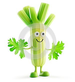 Smiling 3D celery character holding leaves