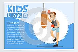 Smiling active boy in red boxing gloves hitting punching bag, kids land banner flat vector element for website or mobile