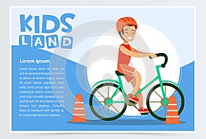 Smiling active boy riding bicycle, kids land banner flat vector element for website or mobile app