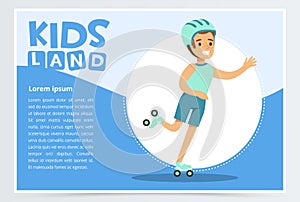 Smiling active boy rollerblading, kids land banner flat vector element for website or mobile app