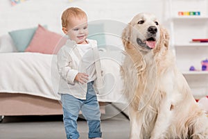 smiling adorable kid looking at golden retriever dog