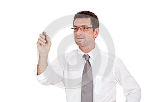 Smiling adult businessman write with red pen isolated copyspace