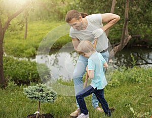 Smiling adult father and his son planting a tree outdoors in park.