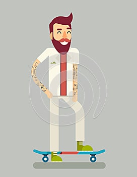 Smiling Adult Man Geek Scooter Happy Hipster Character Ride Skateboard Icon Symbol Stylish Background Flat Design