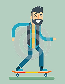 Smiling Adult Man Geek Scooter Happy Hipster Character Ride Skateboard Icon Symbol Stylish Background Flat Design