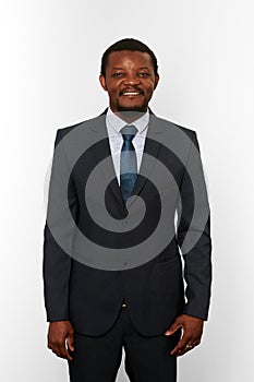 Smiling african american black man in business suit isolated on white background
