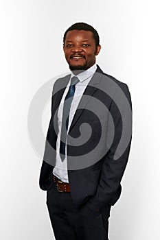 Smiling african american black man in business suit isolated on white background