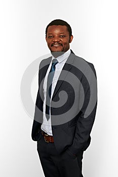 Smiling african american black man in business suit isolated on white background