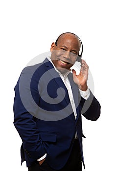 Smiling African American Businessman Listens Through Headset