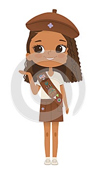 Smiling African American girl scout wearing sash