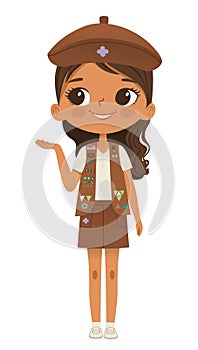 Smiling African American girl scout wearing sash