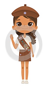Smiling African American girl scout wearing sash