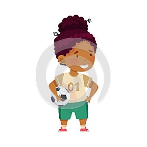 Smiling African American Girl in Sports Shirt and Shorts Playing Football Holding Ball in Her Arms Vector Illustration