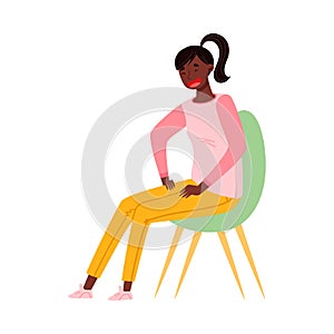 Smiling African American Girl Teenager in Casual Wear Sitting on Chair Vector Illustration