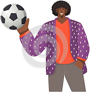 Smiling african american male character standing holding soccer ball in hand, football club fan