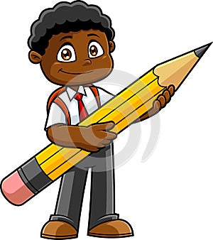 Smiling African American School Boy Cartoon Character Holding A Pencil