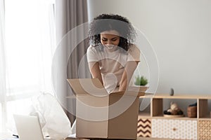 Smiling African American woman unpacking parcel, taking out goods