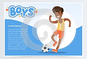 Smiling african boy plalying soccer, boys banner for advertising brochure, promotional leaflet poster, presentation flat