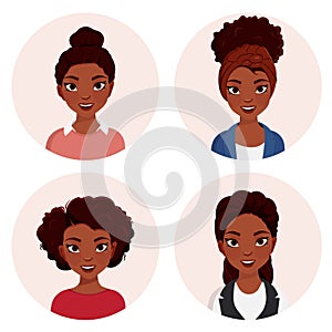Smiling african woman avatar set. Different women characters collection. Isolated vector illustration with round