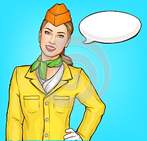 Smiling air hostess pop art vector portrait